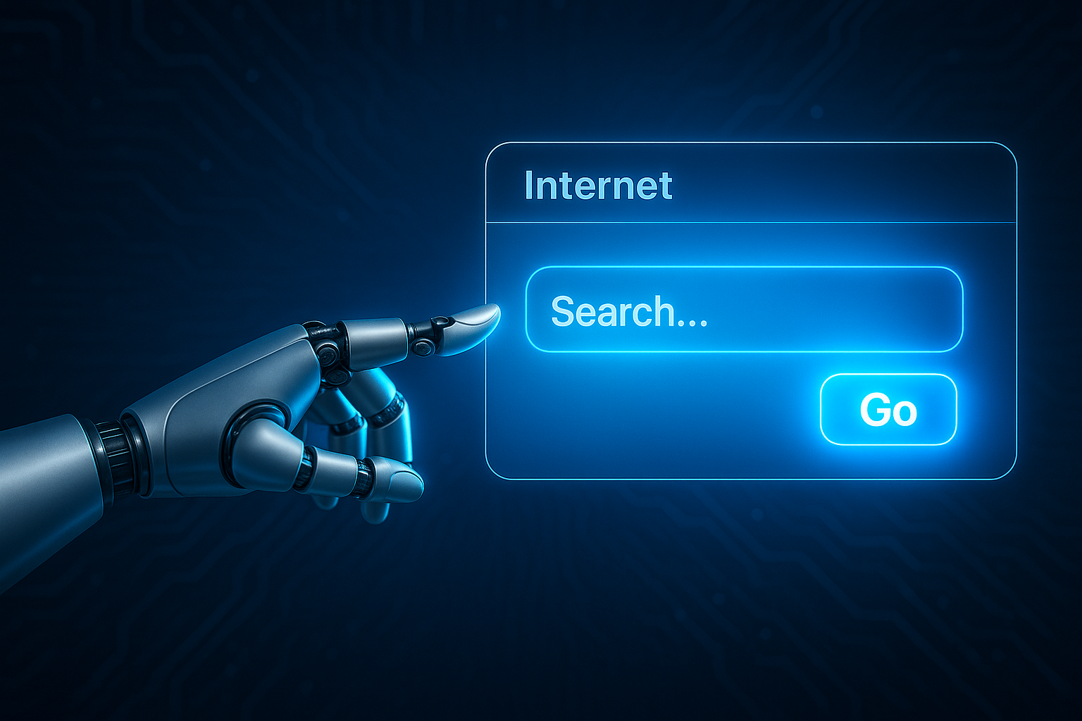 AI-powered SEO visualization showing robotic hand interacting with glowing search interface, representing advanced machine learning algorithms optimizing search rankings